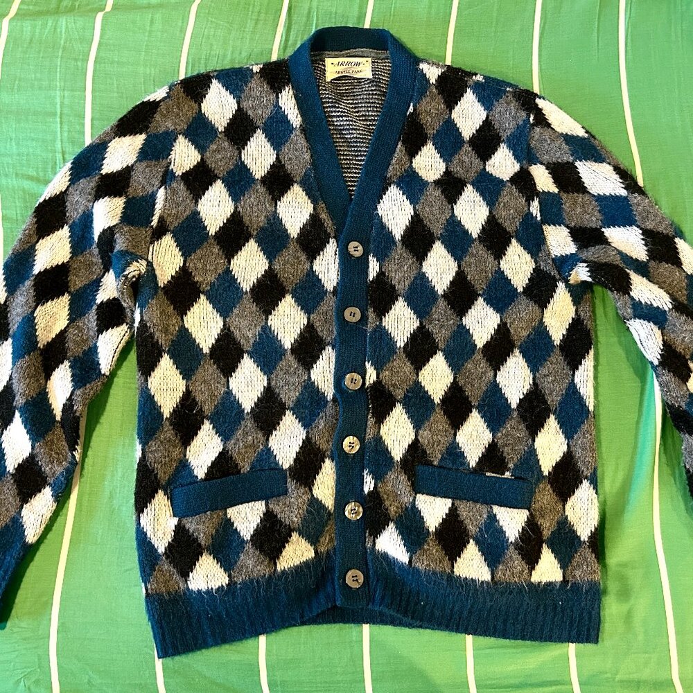 Vintage Cardigan 50s 60s 70s Arrow Argyle Acrylic blue grey Medium